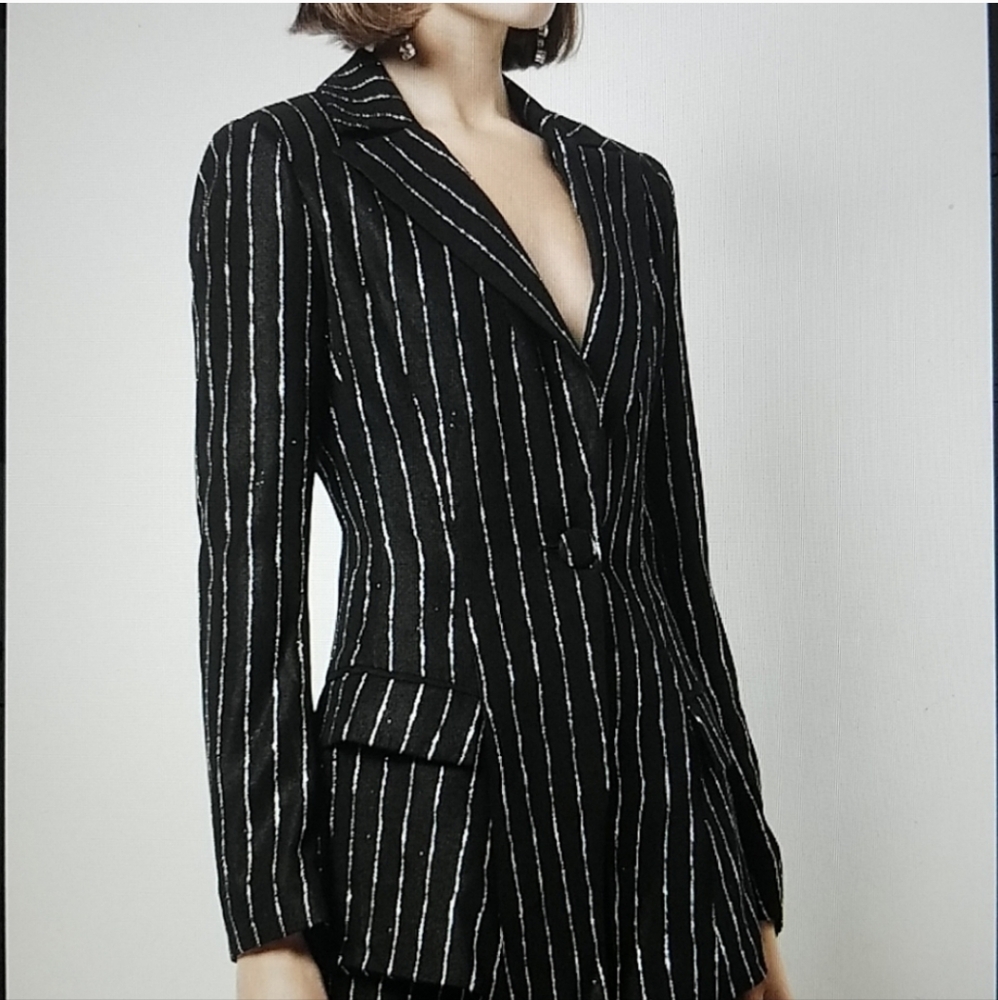 Christian Siriano Designer Black Silver Metallic Pinstripe Blazer Women’s Jacket - Picture 2 of 9